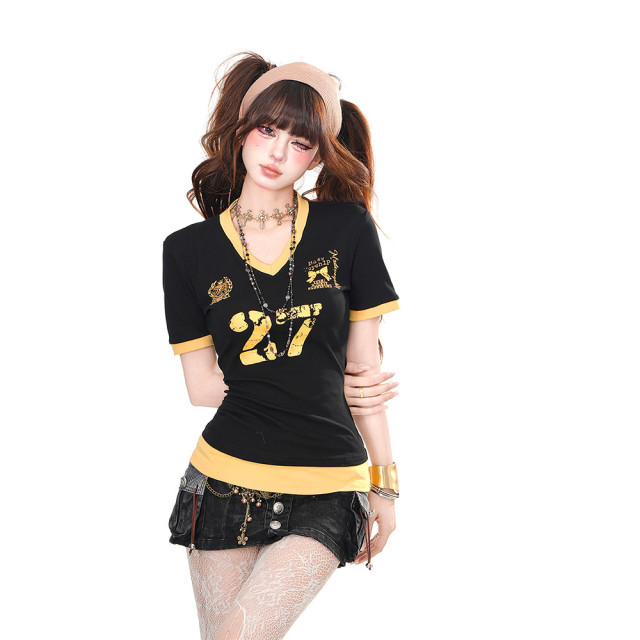 失控旋律 美式辣妹短袖T恤女夏季修身顯瘦正肩V領上衣