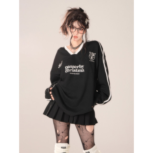 辣妹委員 黑白v領學院風小眾衛衣寬松美式長袖t恤上衣