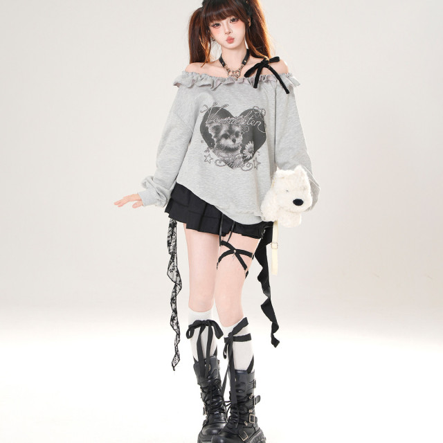 野花小狗 一字肩美式衛衣女秋季寬松顯瘦可愛白色上衣