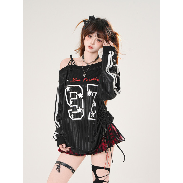 英倫timing 美式斜肩運動衛衣女秋季寬松顯瘦抽繩上衣