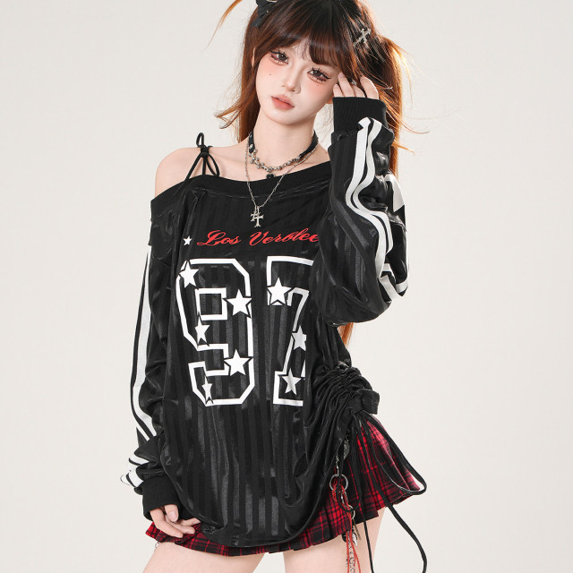 英倫timing 美式斜肩運動衛衣女秋季寬松顯瘦抽繩上衣