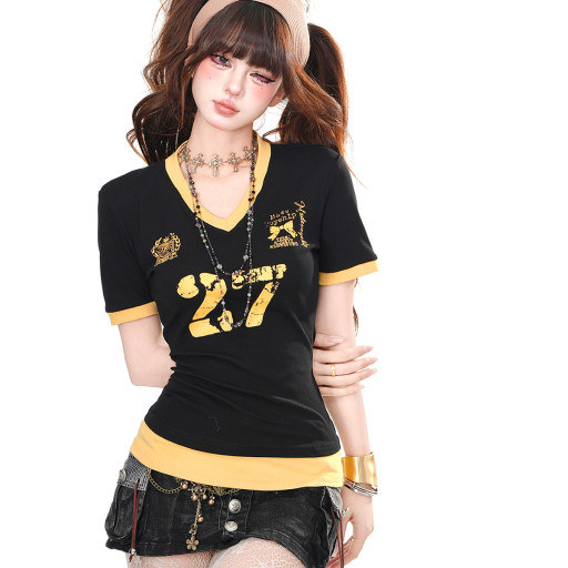 失控旋律 美式辣妹短袖T恤女夏季修身顯瘦正肩V領上衣
