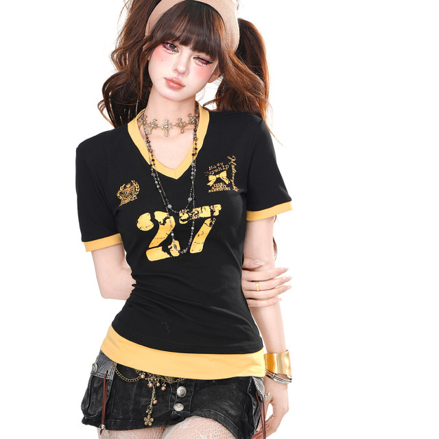 失控旋律 美式辣妹短袖T恤女夏季修身顯瘦正肩V領上衣