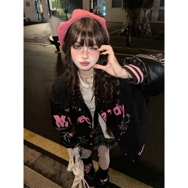黑莓奶霜美式刺繡棒球服外套女秋冬寬松韓系夾克上衣