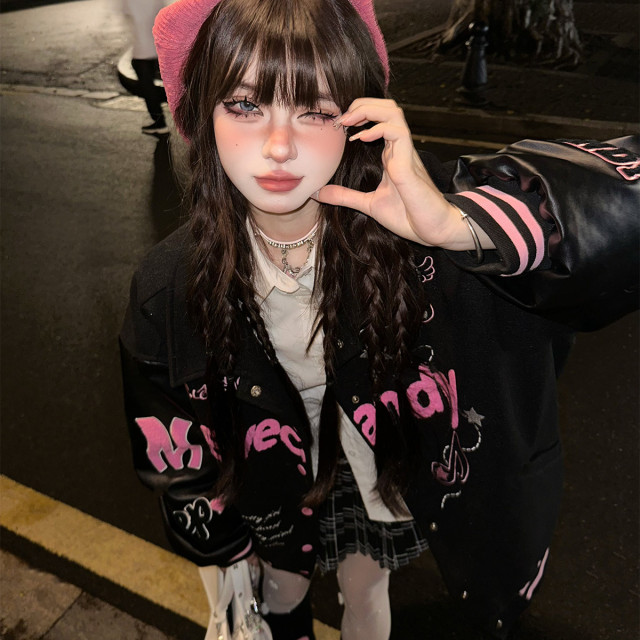 黑莓奶霜美式刺繡棒球服外套女秋冬寬松韓系夾克上衣