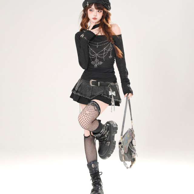 雲間詩集 正肩長袖微透斜肩T恤女夏季收腰顯瘦白色上衣