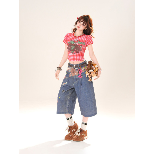 夏日甜酒 正肩短袖格子T恤女夏修身顯瘦辣妹短款上衣