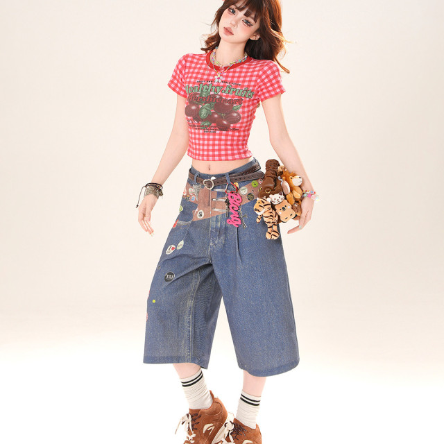 夏日甜酒 正肩短袖格子T恤女夏修身顯瘦辣妹短款上衣