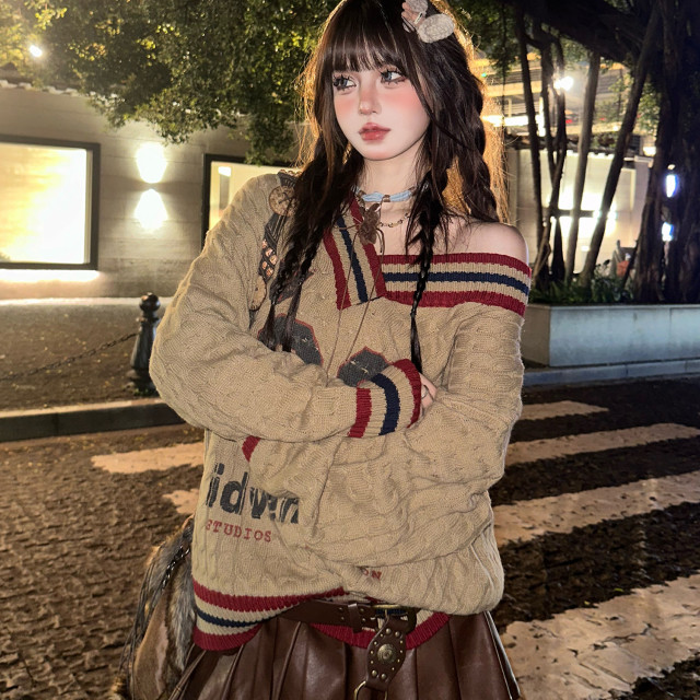 沃茨學院 %美式慵懶露肩毛衣女秋冬寬松V領麻花上衣