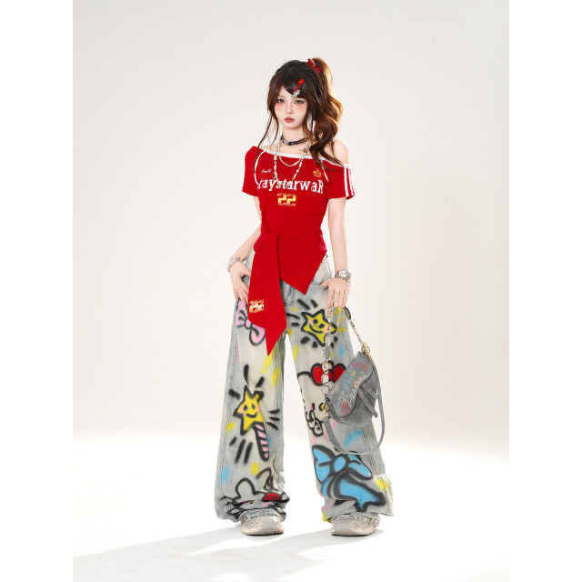 藍嶼日志 正肩美式斜肩短袖T恤女夏季收腰顯瘦辣妹上衣