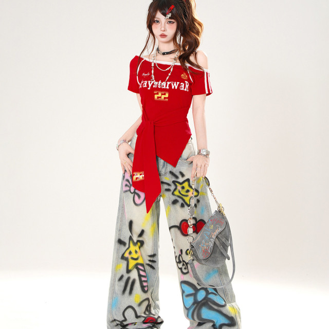 藍嶼日志 正肩美式斜肩短袖T恤女夏季收腰顯瘦辣妹上衣