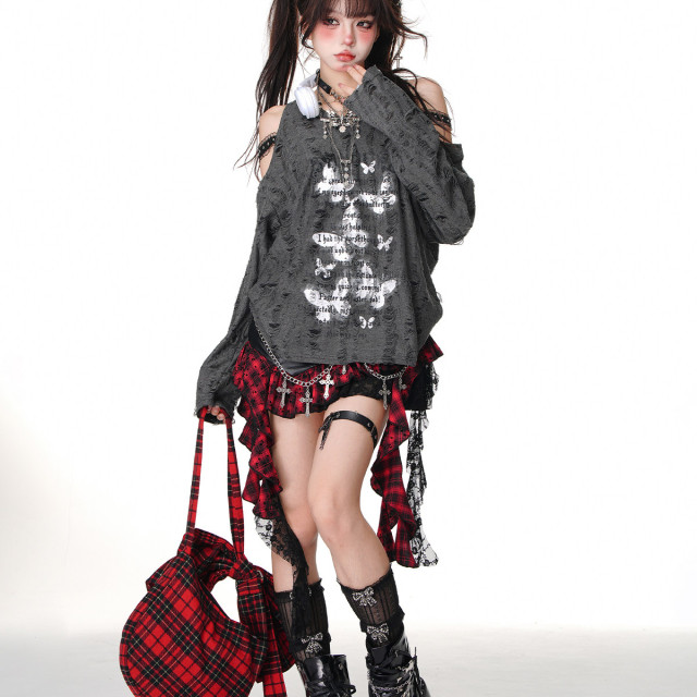 第九街區 不規則荷葉邊半身裙女秋冬格紋皮裙拼接短裙