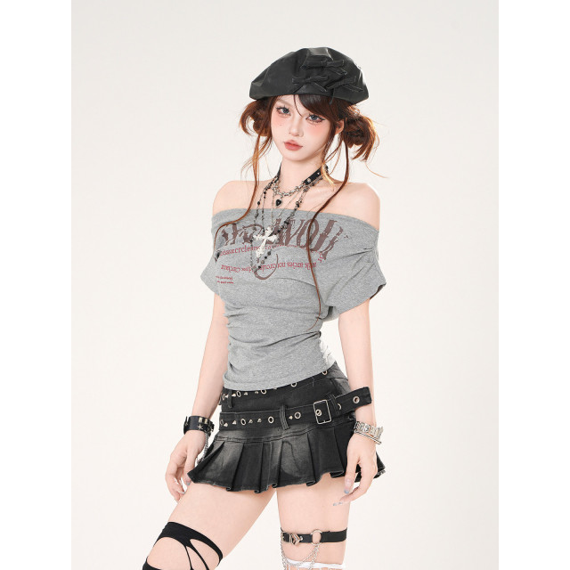 街機玩傢 一字肩美式辣妹短袖T恤女夏季收腰顯瘦上衣