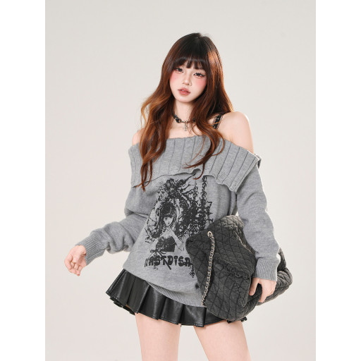 漫秋繪畫者 一字肩韓系蕾絲毛衣女秋寬松顯瘦針織上衣