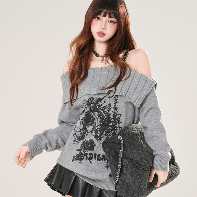 漫秋繪畫者 一字肩韓系蕾絲毛衣女秋寬松顯瘦針織上衣