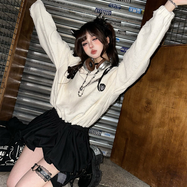 梨花先雪 美式斜肩收腰連衣裙秋冬寬松拼接衛衣裙短裙