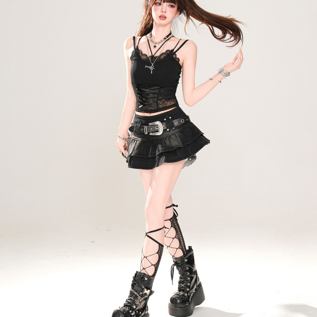 腿精punk 美式辣妹牛仔半身裙女夏季a字顯瘦百褶裙短裙