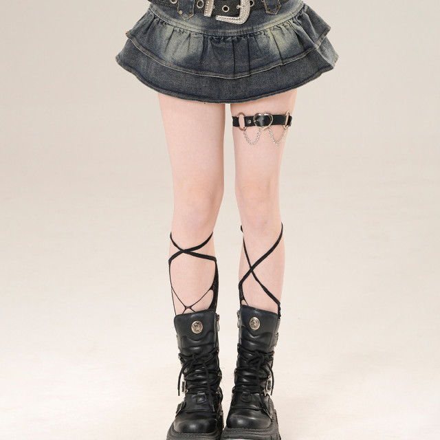 腿精punk 美式辣妹牛仔半身裙女夏季a字顯瘦百褶裙短裙