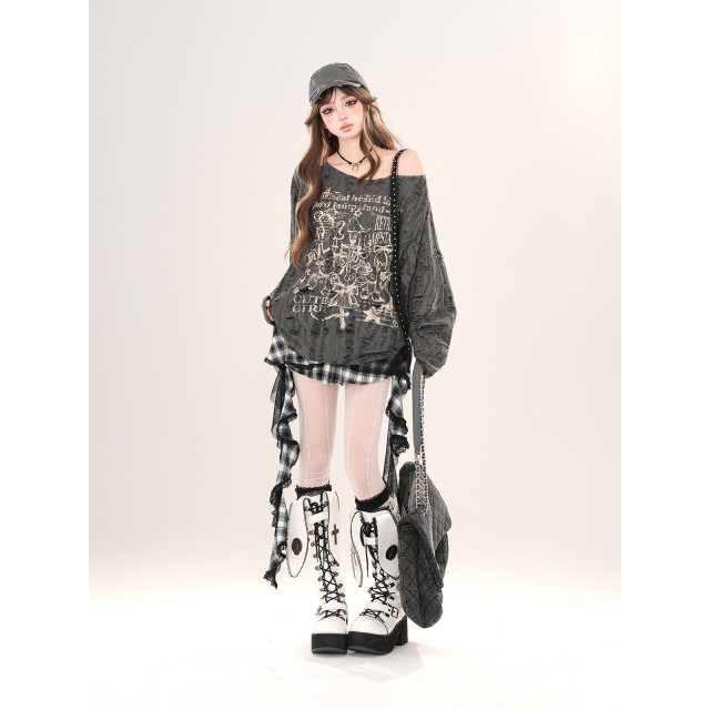 港島小調 韓系慵懶風蕾絲斜肩針織衫春夏寬松破洞上衣