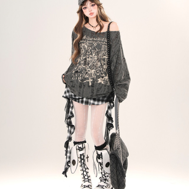 港島小調 韓系慵懶風蕾絲斜肩針織衫春夏寬松破洞上衣