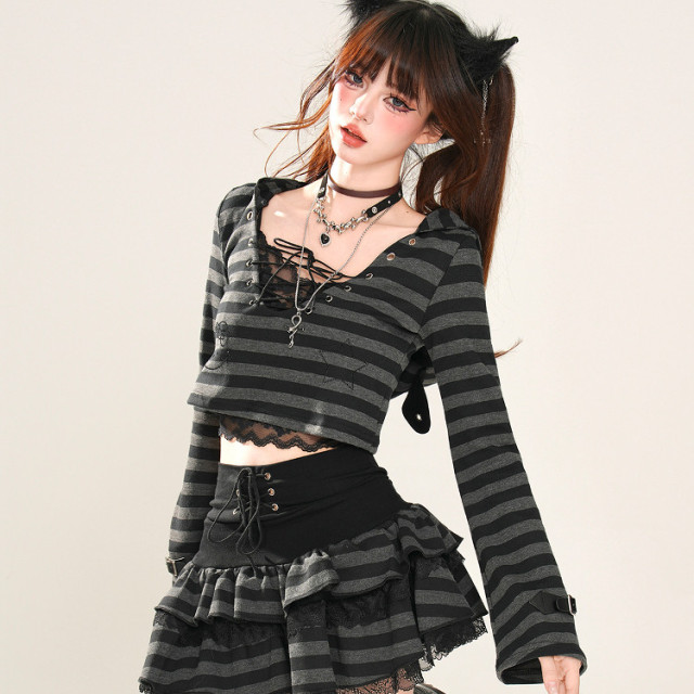 潮酷辣妹 美式復古條紋套裝女夏長袖連帽上衣蕾絲短裙