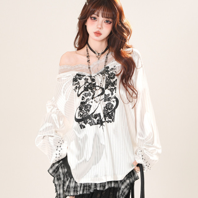 英倫軼事 美式V領蕾絲條紋衛衣女夏季寬松顯瘦運動上衣