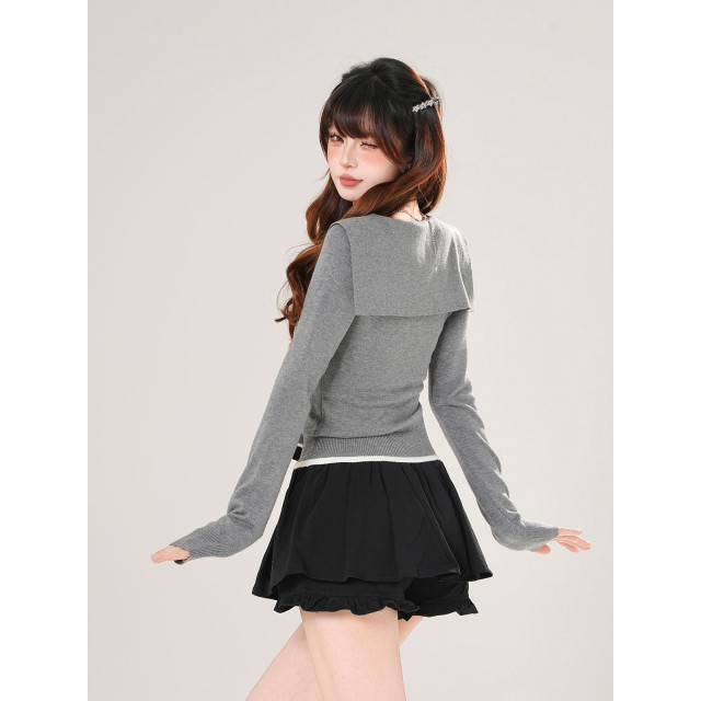 千禧夢核 美式長袖針織T恤女秋收腰顯瘦海軍領灰色上衣