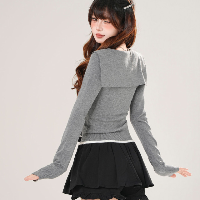 千禧夢核 美式長袖針織T恤女秋收腰顯瘦海軍領灰色上衣