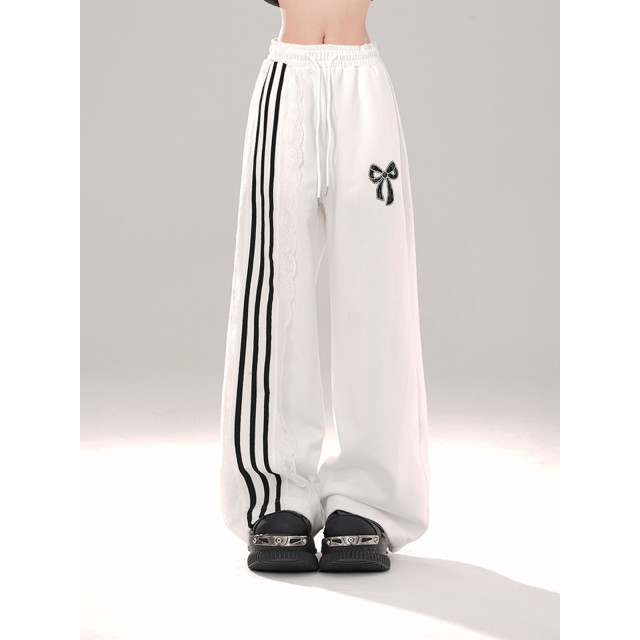 運動芭蕾 松弛感蕾絲黑色休閑褲女夏闊腿褲直筒條紋褲