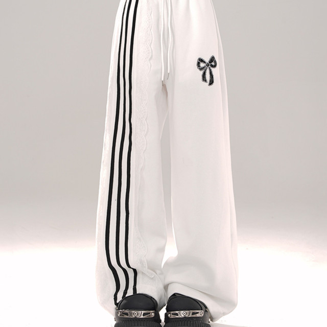 運動芭蕾 松弛感蕾絲黑色休閑褲女夏闊腿褲直筒條紋褲