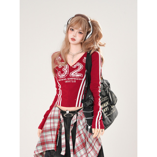 辣妹領域 美式正肩長袖T恤女秋季收腰顯瘦V領紅色上衣