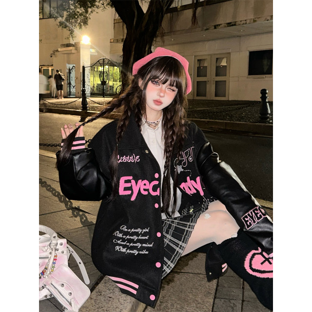 黑莓奶霜美式刺繡棒球服外套女秋冬寬松韓系夾克上衣