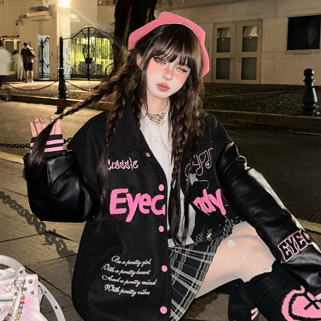 黑莓奶霜美式刺繡棒球服外套女秋冬寬松韓系夾克上衣