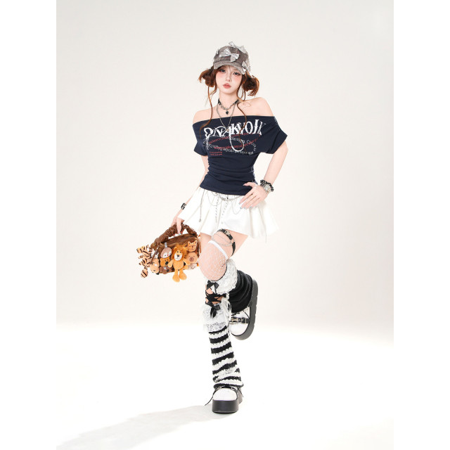 街機玩傢 一字肩美式辣妹短袖T恤女夏季收腰顯瘦上衣