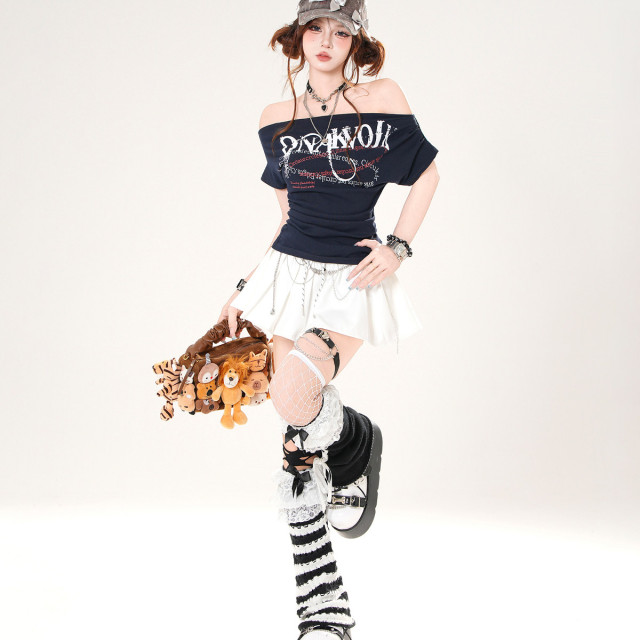 街機玩傢 一字肩美式辣妹短袖T恤女夏季收腰顯瘦上衣