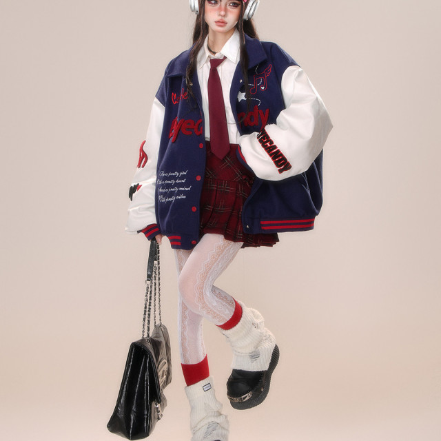 黑莓奶霜美式刺繡棒球服外套女秋冬寬松韓系夾克上衣