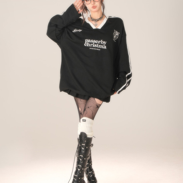 辣妹委員 黑白v領學院風小眾衛衣寬松美式長袖t恤上衣