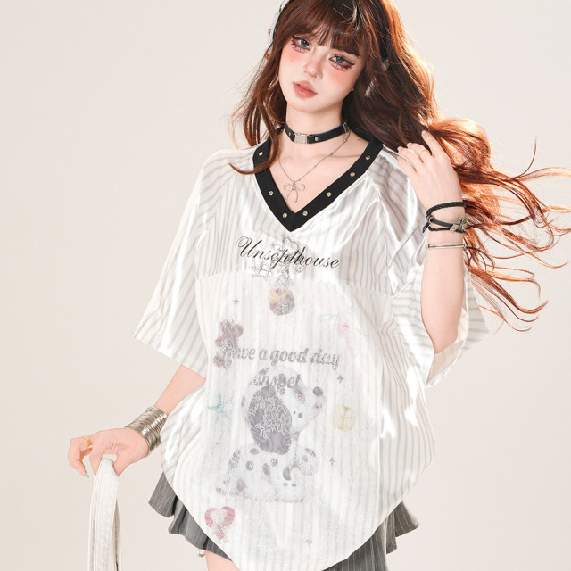 報社奈奈 美式V領條紋正肩短袖T恤女夏季寬松顯瘦上衣