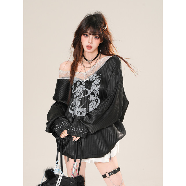 英倫軼事 美式V領蕾絲條紋衛衣女夏季寬松顯瘦運動上衣