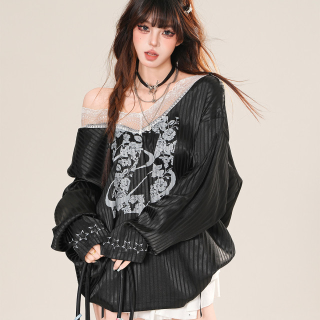 英倫軼事 美式V領蕾絲條紋衛衣女夏季寬松顯瘦運動上衣