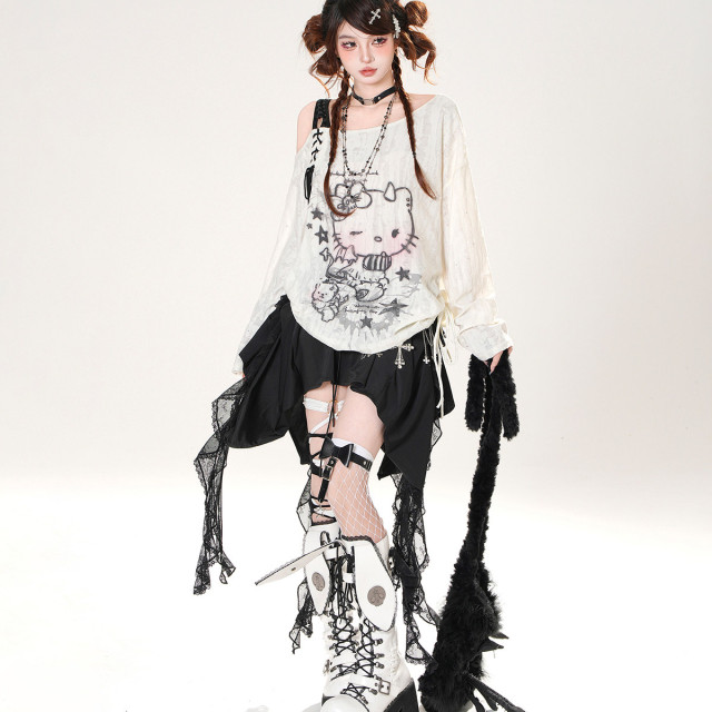  Kitty收藏傢 韓系斜肩抽繩防曬罩衫女夏寬松顯瘦上衣