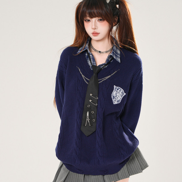 普卡裡島假兩件美式學院風針織毛衣女秋寬松顯瘦上衣