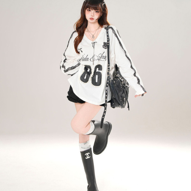 藤井小野 美式潮牌V領蕾絲衛衣女秋季寬松顯瘦運動上衣