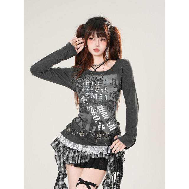 千禧辣妹 正肩美式長袖蕾絲T恤女秋季收腰顯瘦灰色上衣