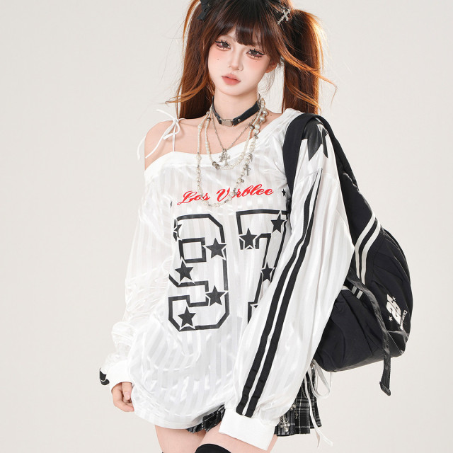 英倫timing 美式斜肩運動衛衣女秋季寬松顯瘦抽繩上衣