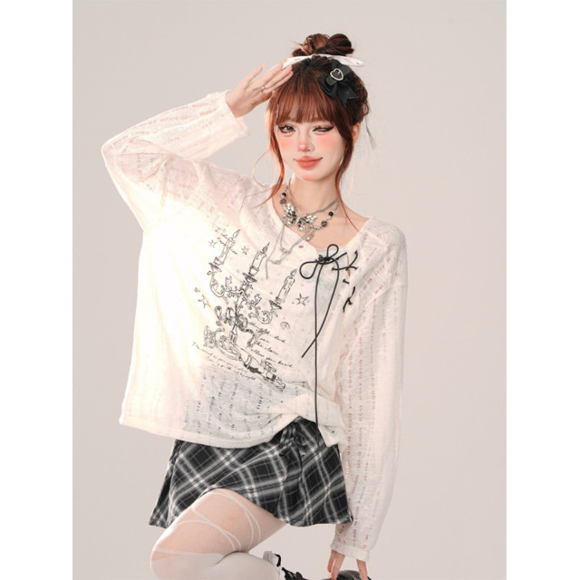 銀色山泉 薄款鏤空罩衫女夏季寬松長袖防曬衣白色上衣