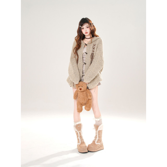 流浪小兔 韓系慵懶風連帽針織毛衣女秋季寬松顯瘦上衣