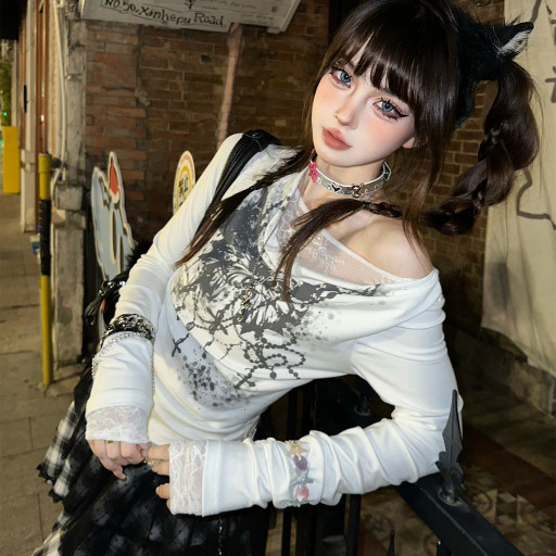 捕獵姐姐 辣妹蕾絲拼接T恤女春夏長袖顯瘦V領內搭上衣