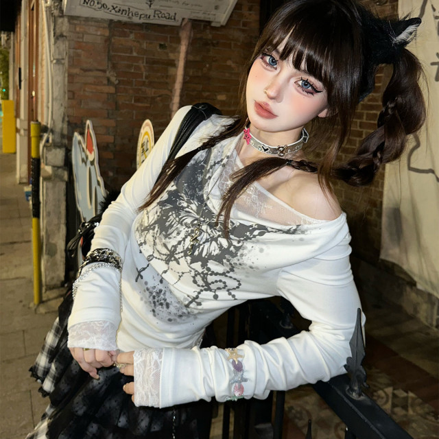 捕獵姐姐 辣妹蕾絲拼接T恤女春夏長袖顯瘦V領內搭上衣