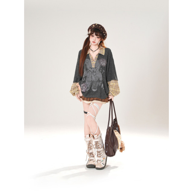 柏林島嶼美式學院風針織T恤秋季寬松顯瘦設計感上衣